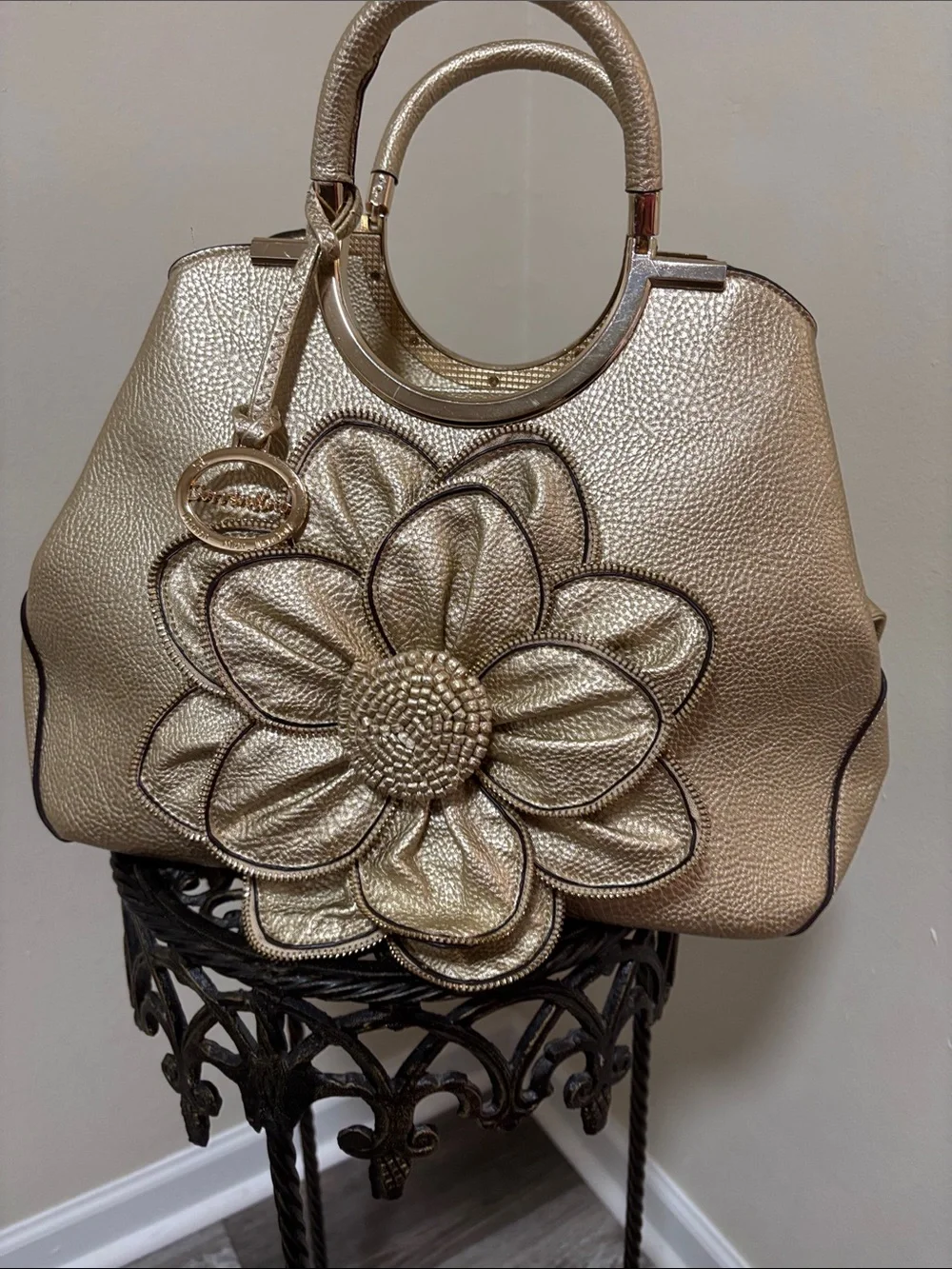 Gold Floral Embossed Top-Handle Tote